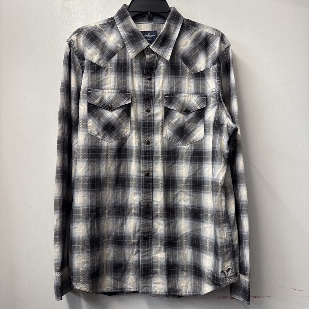 American Eagles Shirt Men Large White Western Pearl Snap Slim Fit Plaid Cowboy
